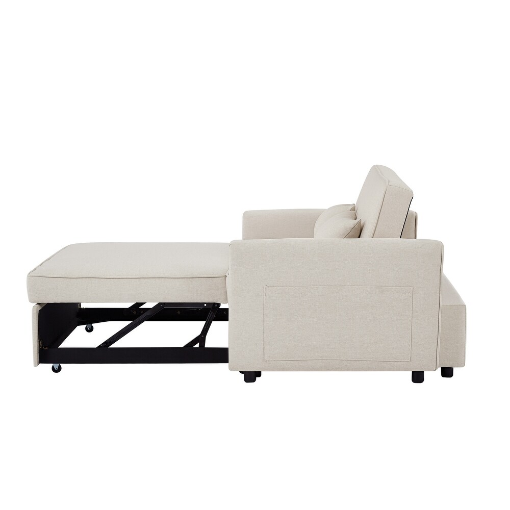 Modern Linen Convertible Loveseat Sleeper Sofa Couch with Adjustable Backrest  Pull Out Bed and 2 Lumbar Pillows  Ivory