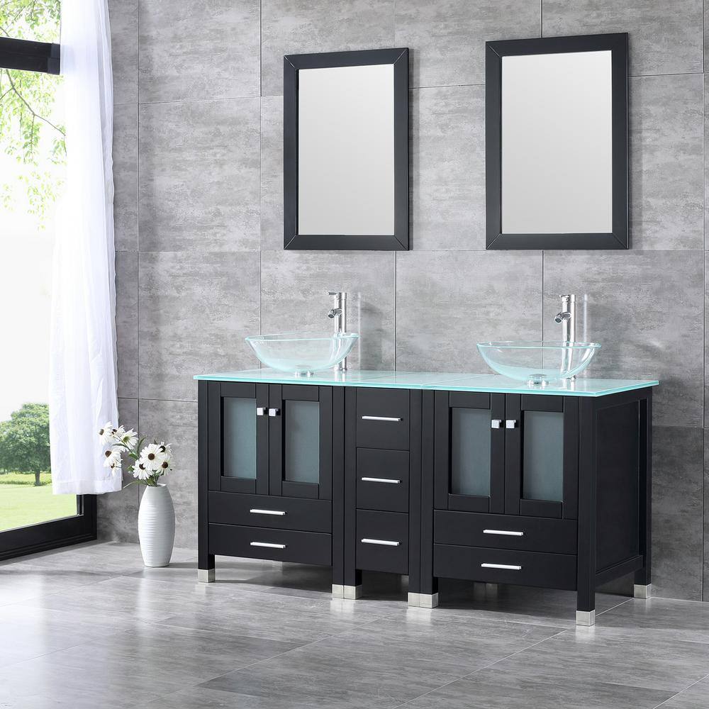 walsport 60 in. W x 21.5 in. D x 61 in. H Double Sinks Bath Vanity in Black with Glass Top and Mirror 2*USBR4181+USBR4182+2*USBR4075