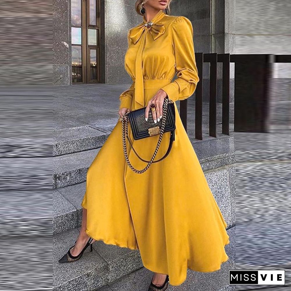 S-5Xl Women Long Sleeve Bow-Knot Crew Neck Solid Color High Waist Satin Maxi Dress Elegant Party Dress Kleid