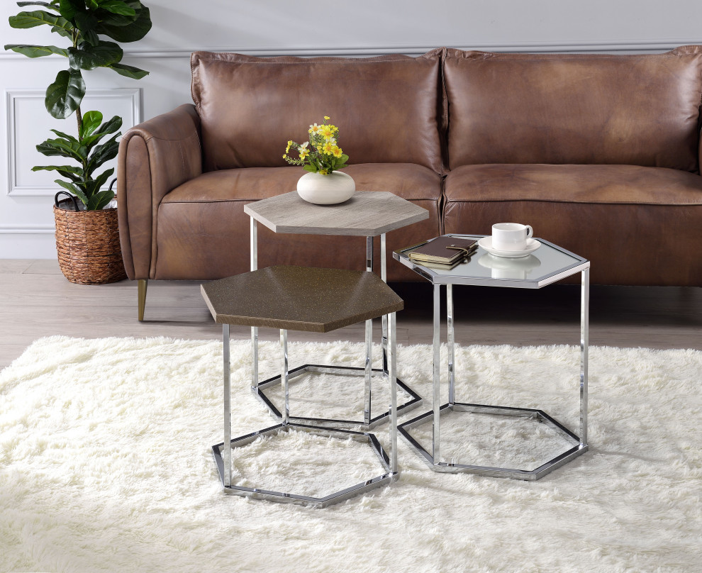 Simno Nesting Tables  Clear Glass  Taupe  Gray Washed and Chrome Finish   Contemporary   Coffee Table Sets   by Acme Furniture  Houzz