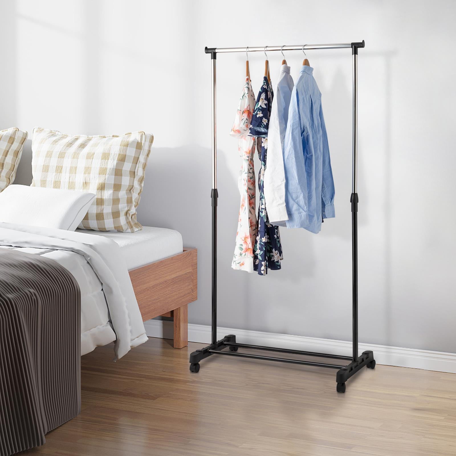 Ktaxon Adjustable Rolling Garment Rack Single Hanging Bar Clothes Hanger