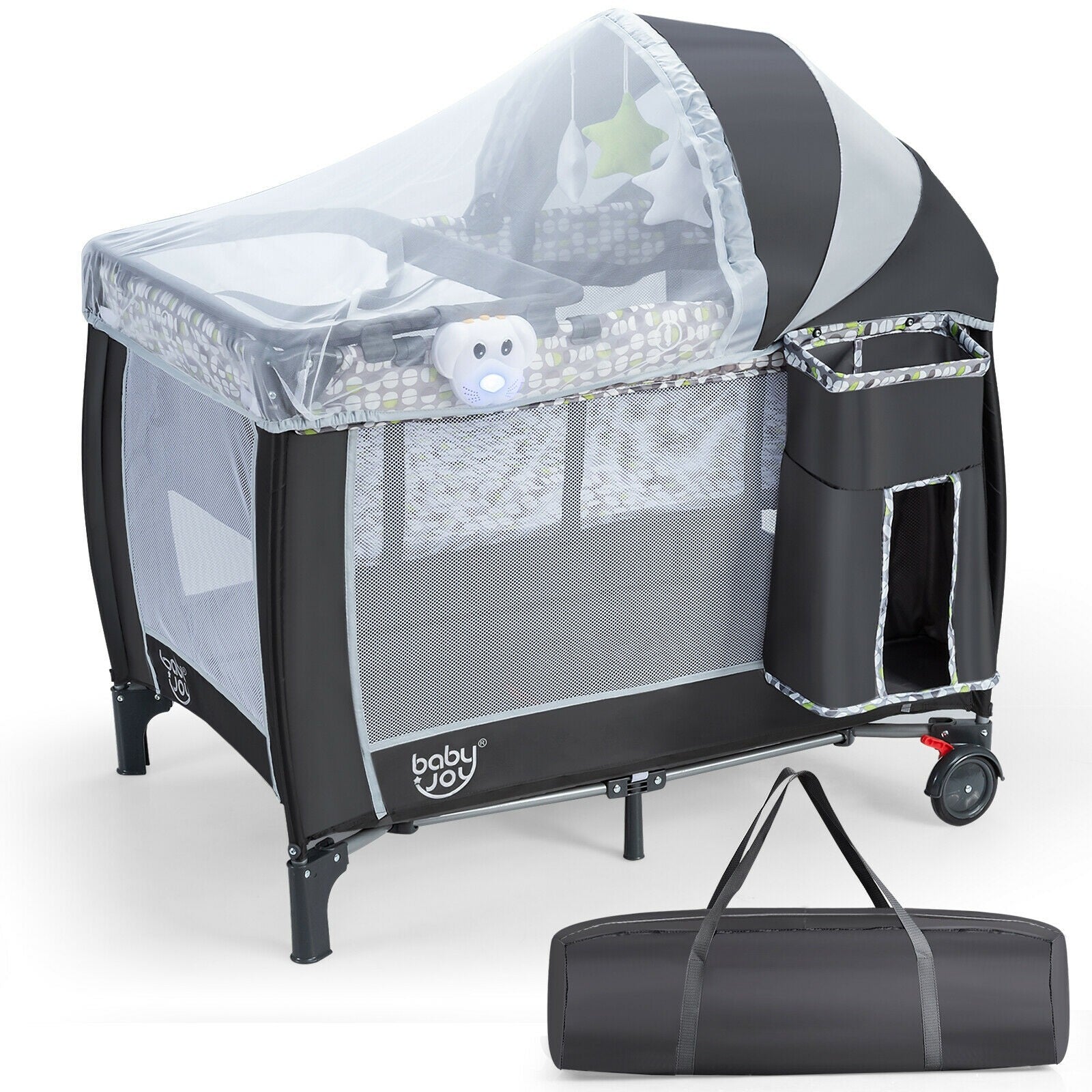 BABY JOY 4 in 1 Pack and Play with Adjustable Net, Portable Nursery Center Playard with Bassinet (Grey)