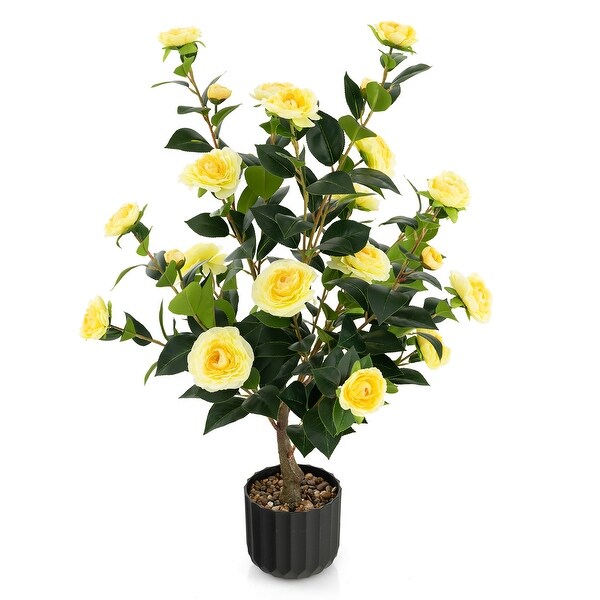 38 Inch Artificial Camellia Tree Faux Flower Plant in Cement Pot