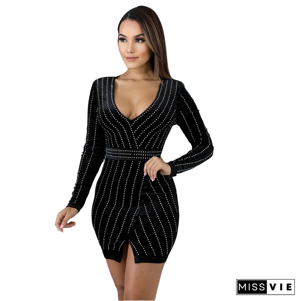 Hot Drilling Long Sleeve V Neck Bodycon Mini Dress