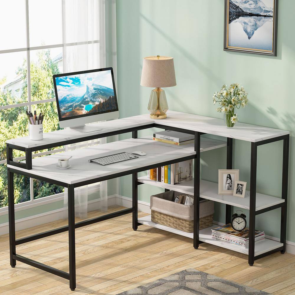 BYBLIGHT 55 in. L-shaped White Faux Marble Reversible Computer Desk with Shelves and Monitor Stand BB-JW0133GX