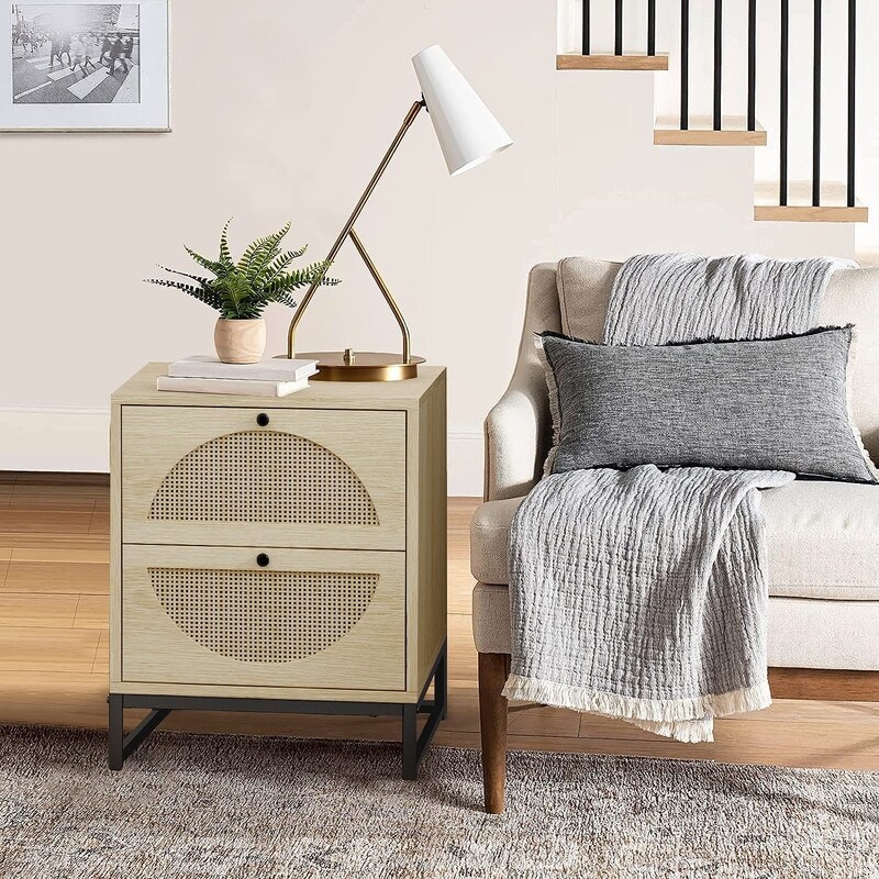 Modern Minimalism Rattan Nightstand  Wood Bedside Table with Two Drawers  Boho End Table  Side Table for Living Room  Bedroom