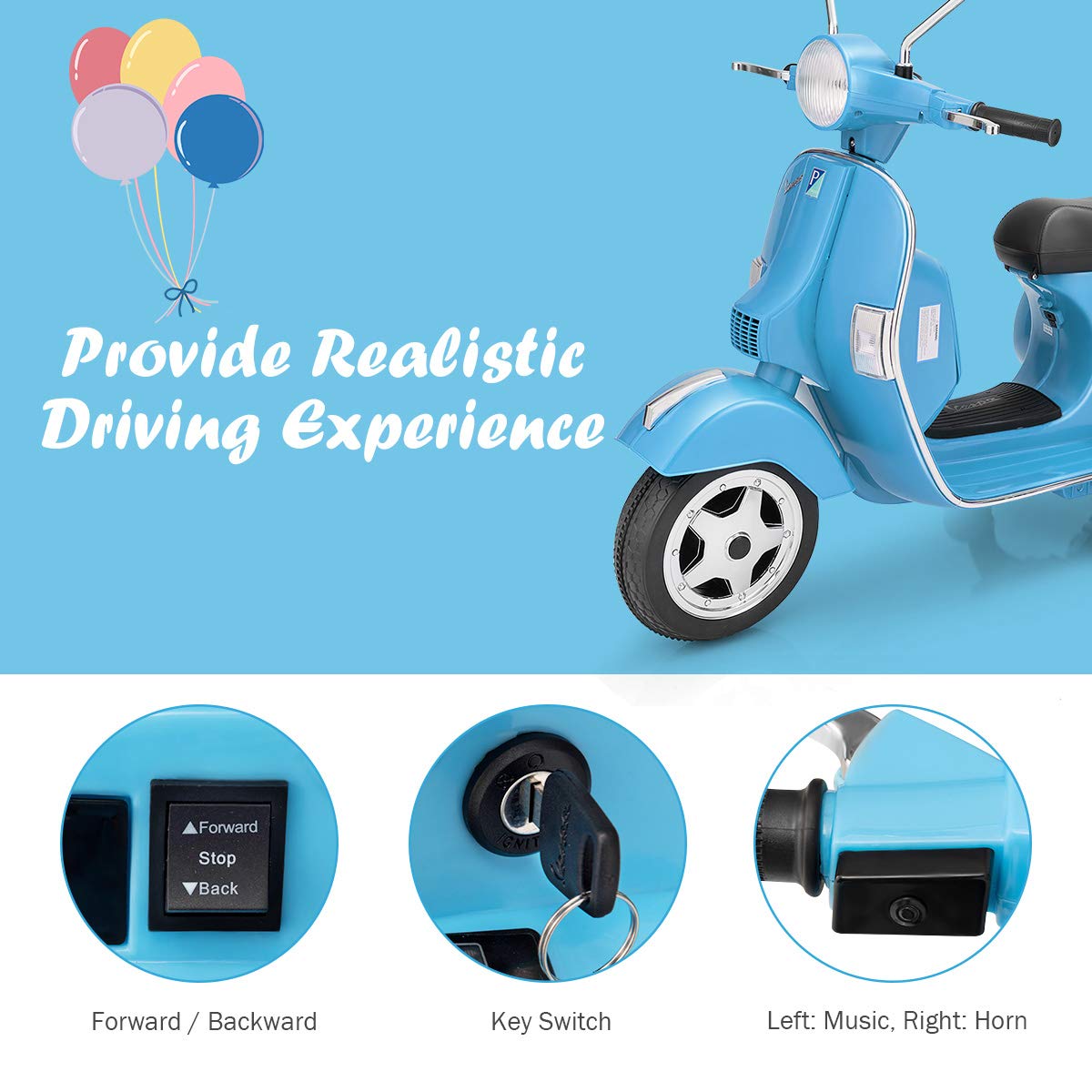 Costzon Kids Vespa Scooter, 6V Rechargeable Ride on Motorcycle w/Training Wheels