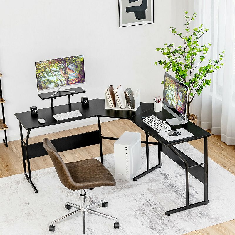 88.5 Inch L Shaped Reversible Computer Desk Table with Monitor Stand