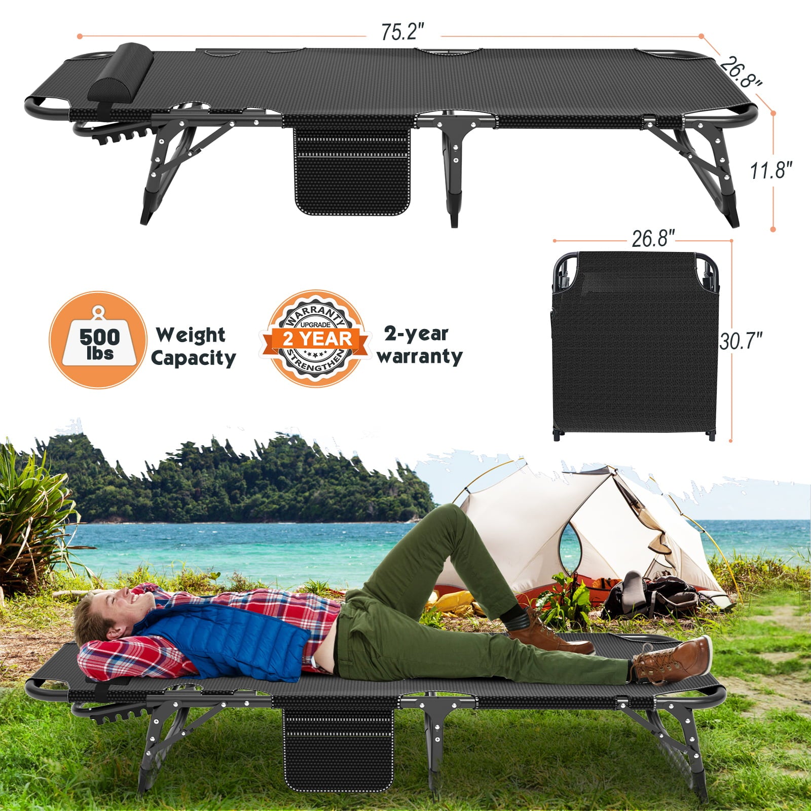 MOPHOTO 75" Adult Camping Cot Folding Cot, Portable Heavy Duty Sleeping Bed with Mattress, Outdoor Patio Adjustable 4-Position Folding Lounge Chair for Sunbathing, Gray