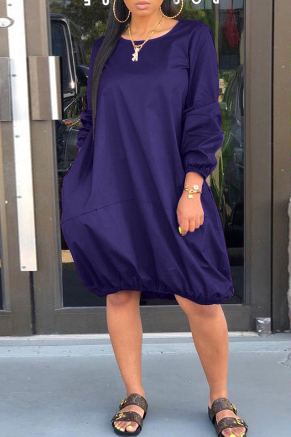 Casual Loose Solid Color Pocket Midi Dress