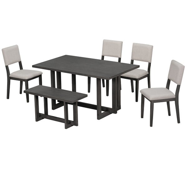 Wooden six-piece dining table H-shaped support design Dining table four chairs upholstered one wooden stool