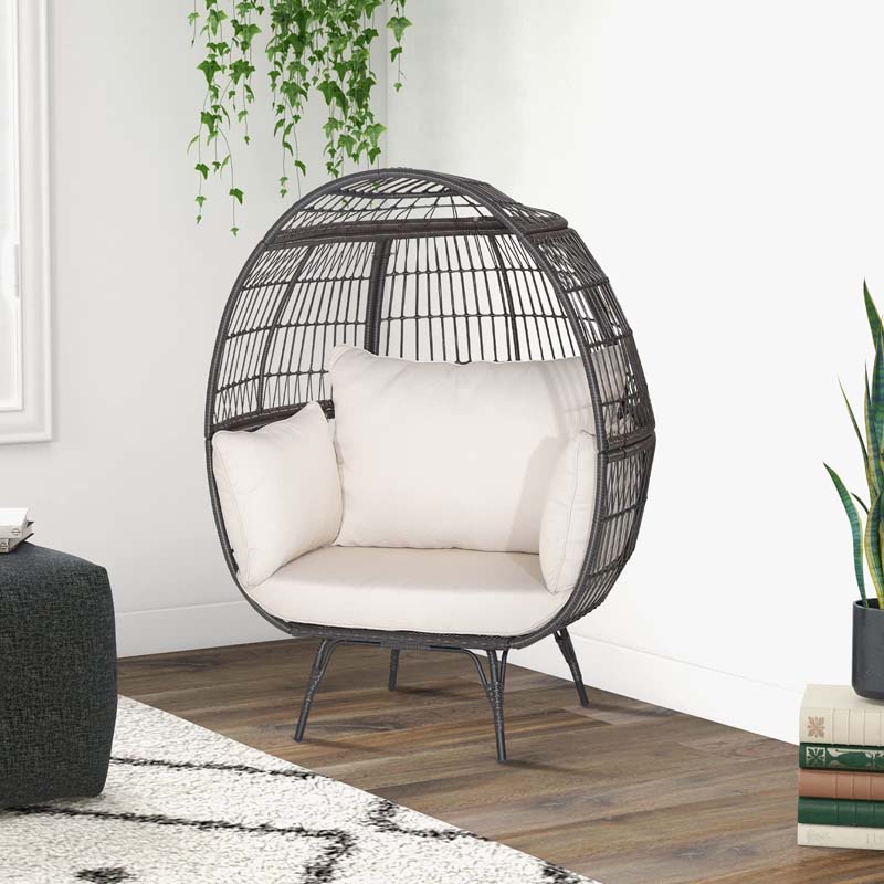 Oversized Wicker Egg Chair with 4 Cushions, Steel Frame Basket Chair Indoor Outdoor Patio Lounge Chair