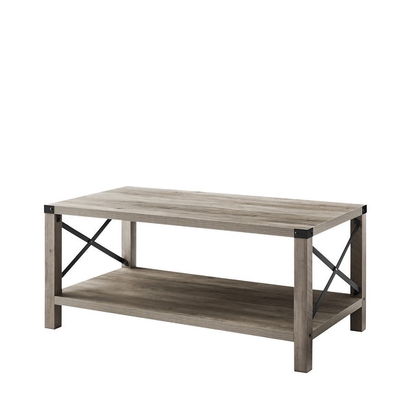 2-Tier Modern Farmhouse Coffee Table， Wood Rectangle Cocktail Table with Metal X- Frame ( 40.94