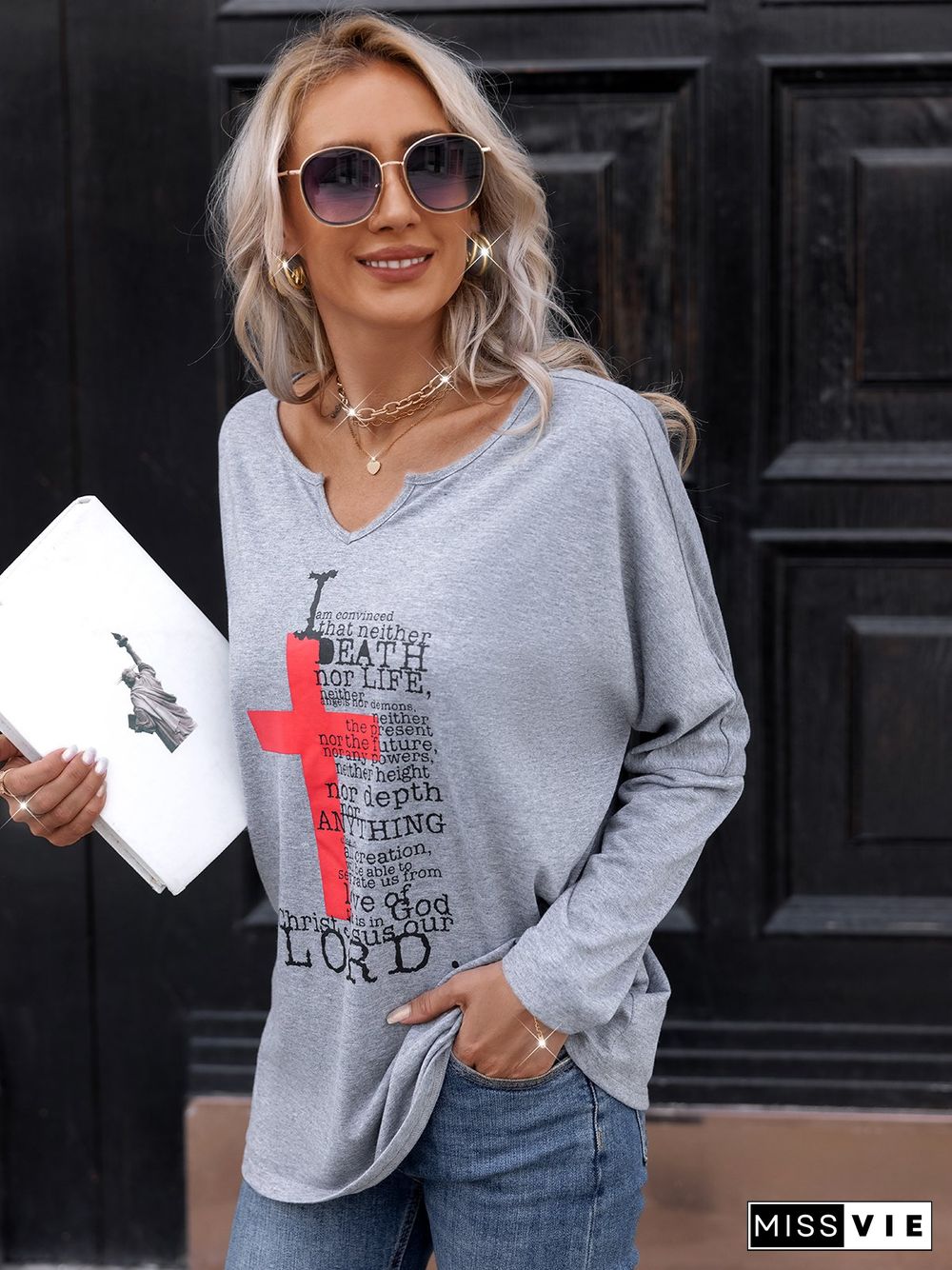 Casual Long Sleeve Plus Size Printed Tops T-shirts