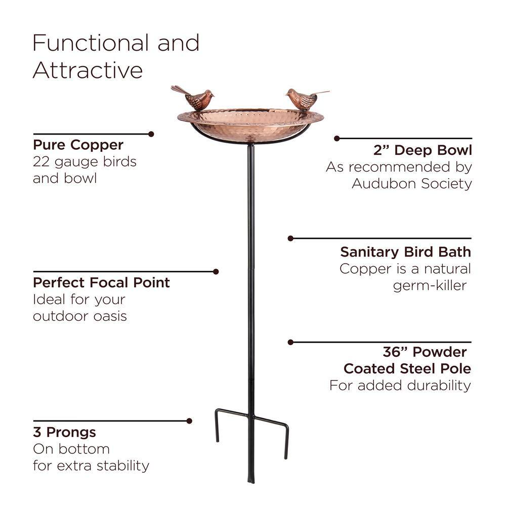 Good Directions Pure Copper Birdbath， Featuring Two Copper Birds and a Multi-Pronged Garden Pole， BBG-1