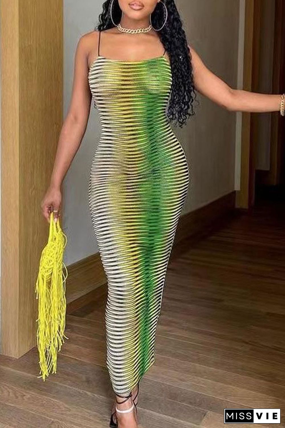 Green Sexy Celebrities Gradual Change Printing Spaghetti Strap Sheath Dresses