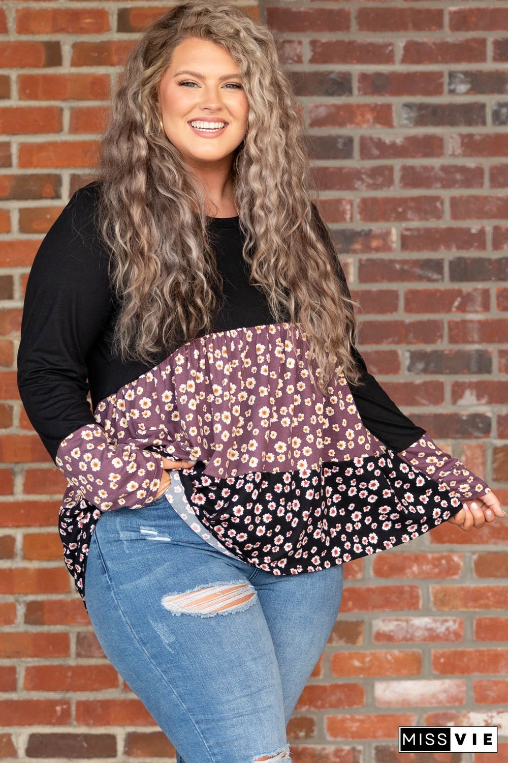 Black Floral Pattern Color Block Plus Size Pullover Top