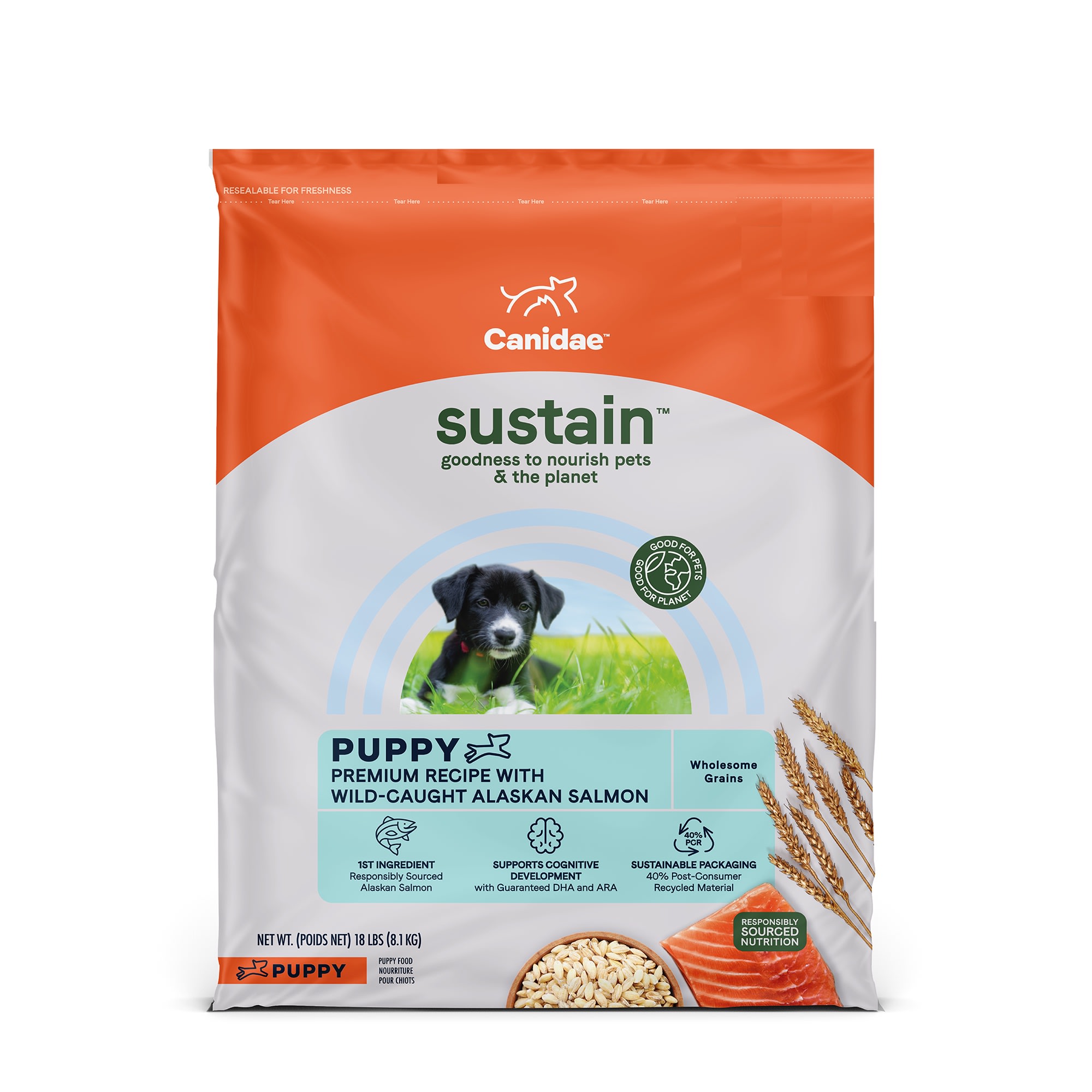 Canidae Sustain Premium Puppy Recipe with Wild-Caught Alaskan Salmon Dry Dog Food， 18 lbs.