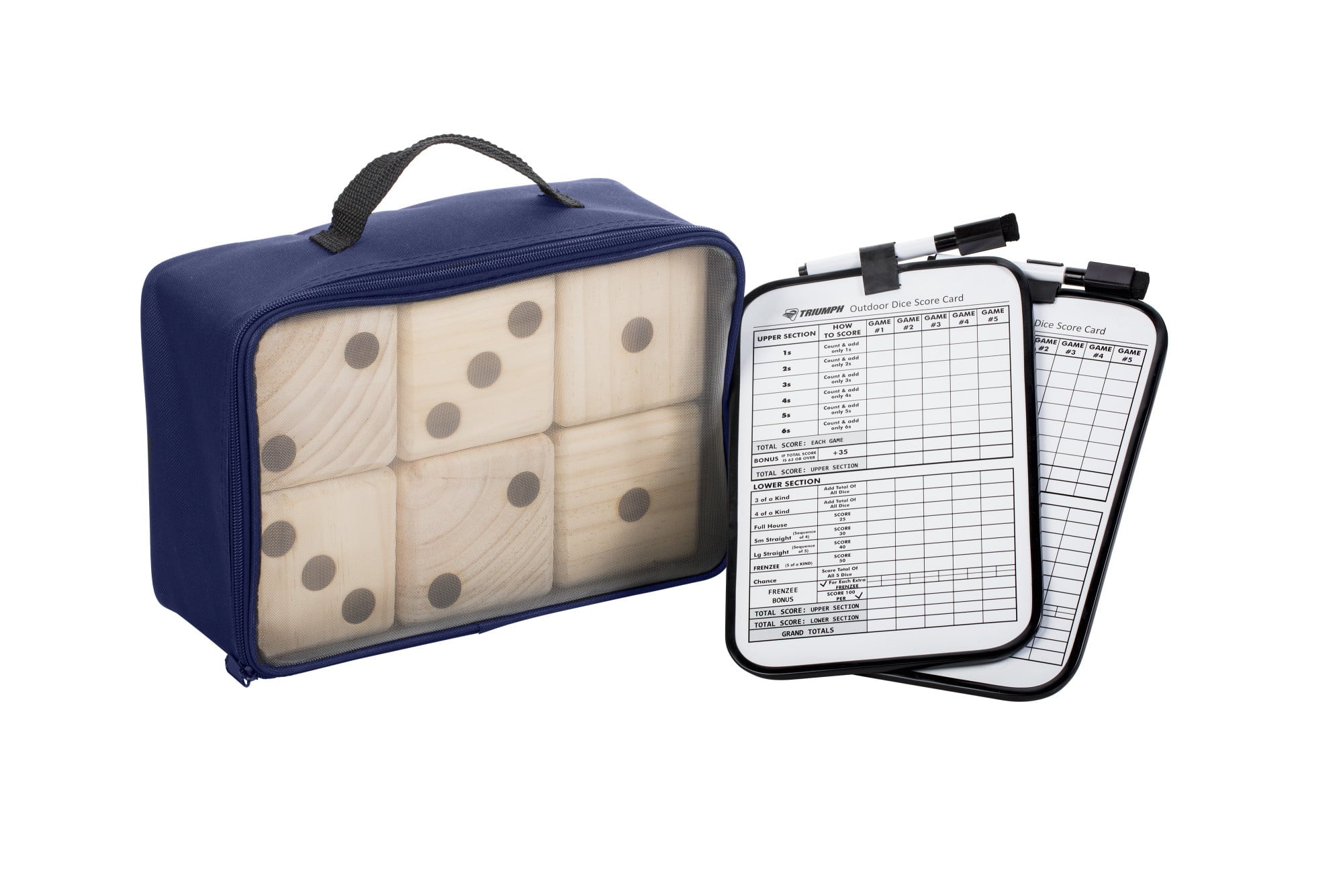 Triumph Big Roller Six Large Wooden Lawn Dice Set for Outdoor Use with Included Dry-Erase Scorecards， Markers， and Carry Bag