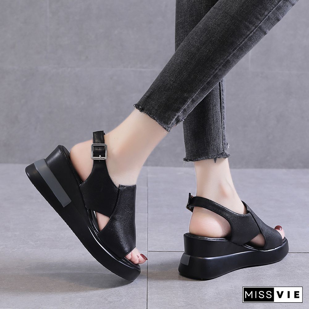 Summer Wedge Shoes For Women Sandals Solid Color Open Toe High Heels Casual Ladies Buckle Strap Fashion Female Sandalias Mujer