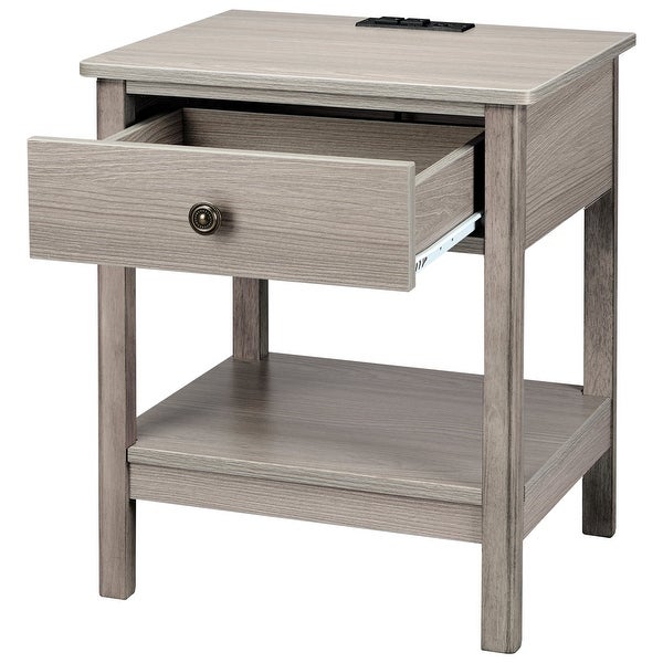 Traditional Rectangular End Table with AC Power and USB Charging Ports， Grey