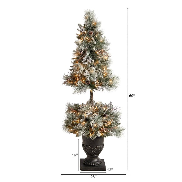 Nearly Natural 5-ft Flocked Porch Christmas Tree With 100 Led Lights And 186 Bendable Branches In Decorative Urn