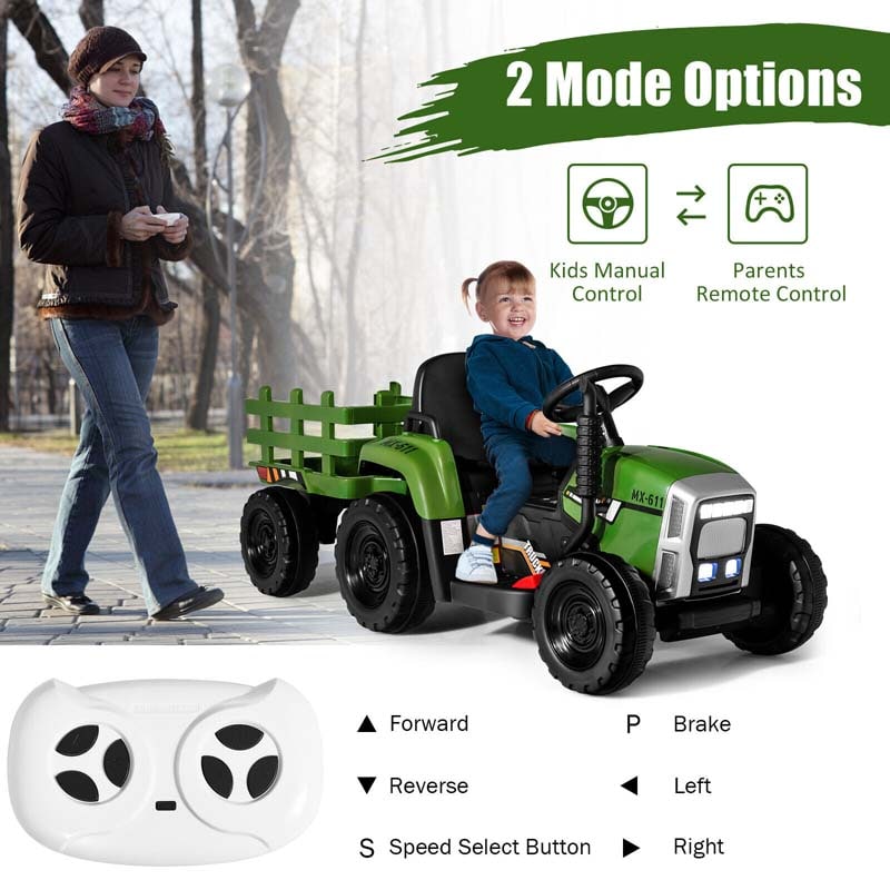 Kids Ride on Tractor w/Trailer 12V Battery Powered Electric Riding Toy Car Vehicle with 3-Gear-Shift Ground Loader