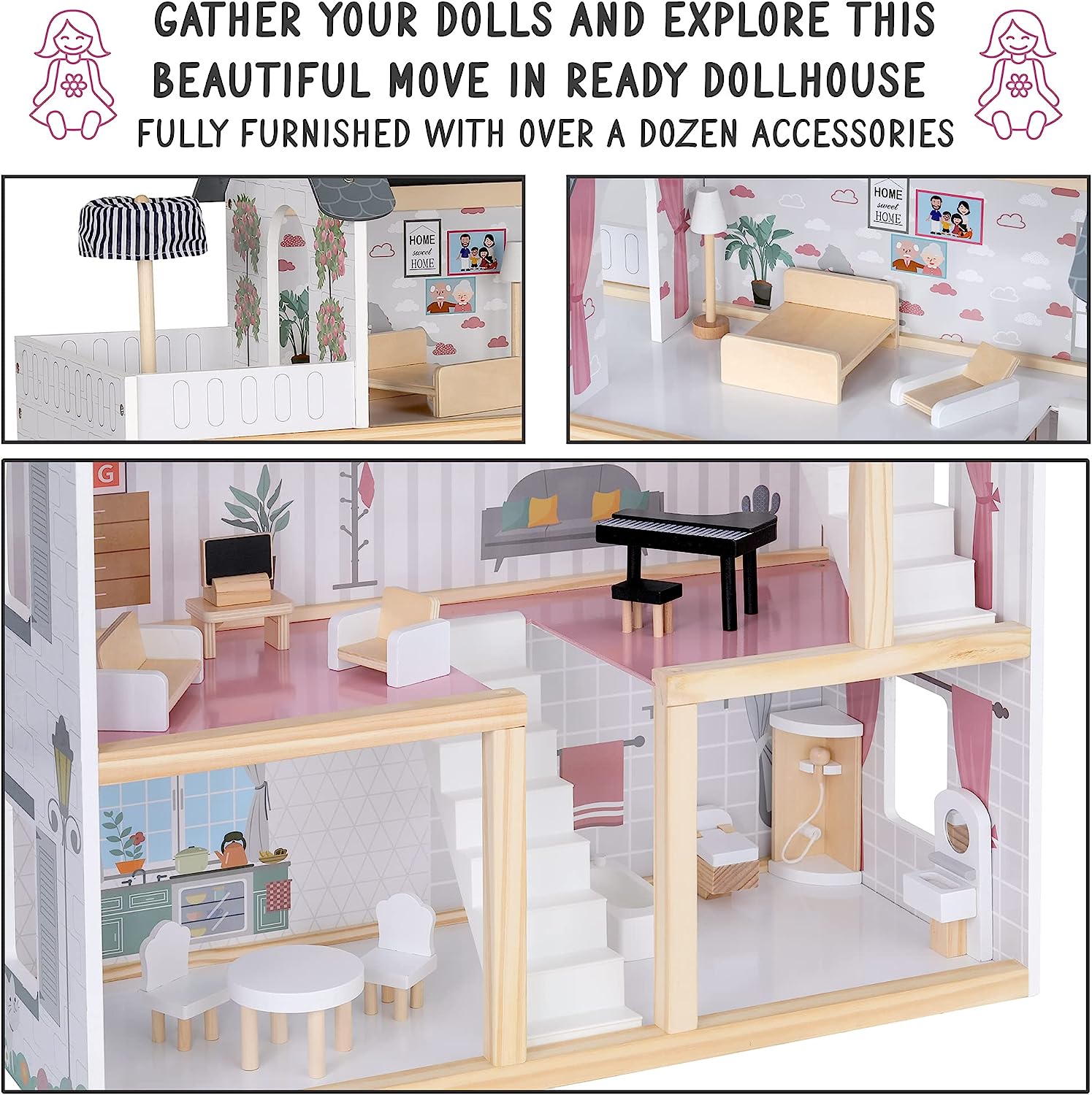 Lil’ Jumbl Kids Wooden Dollhouse， 17-Piece Accessories and Furniture are Included， with Balcony and Stairs， 3 Story Easy to Assemble Doll House Toy