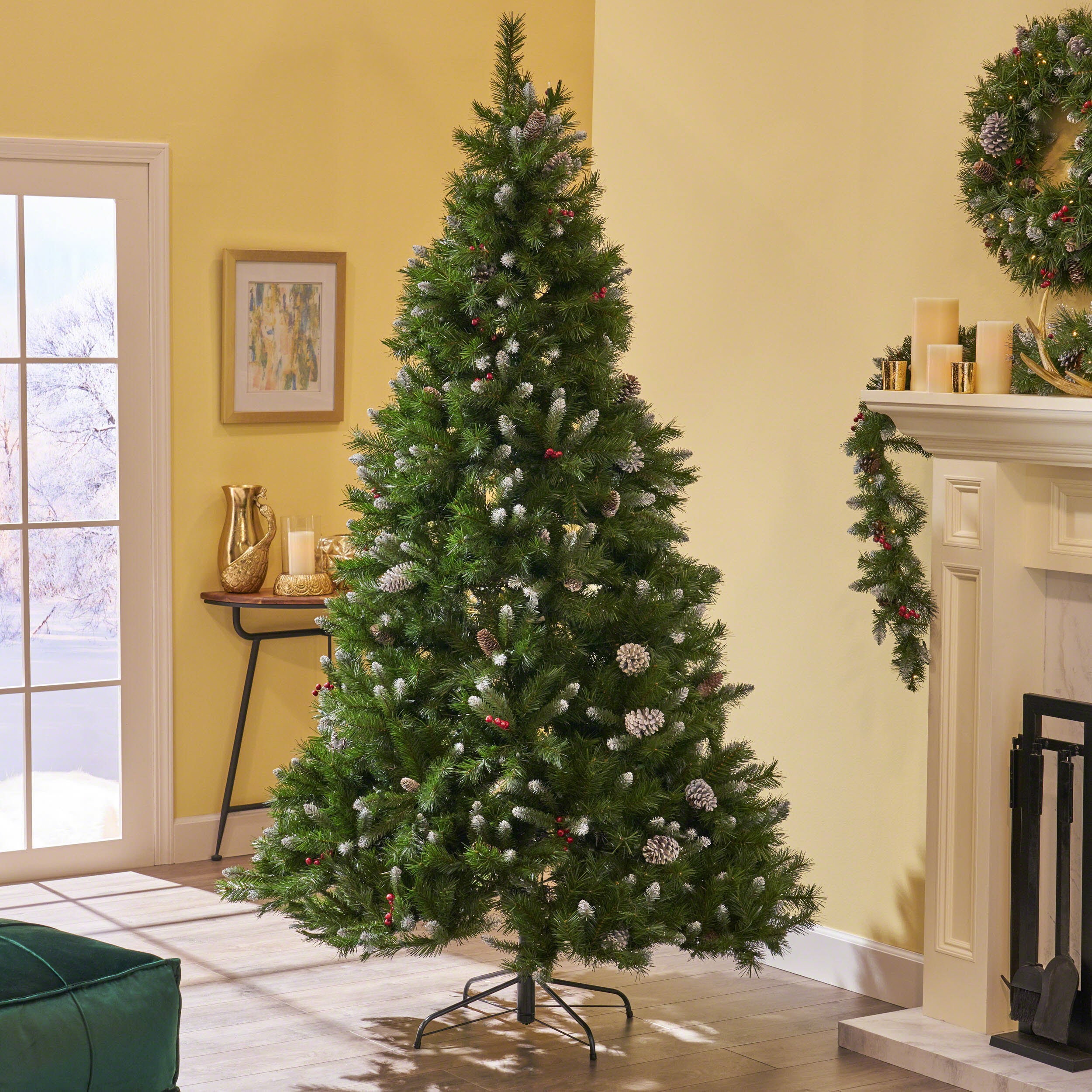 7-foot Mixed Spruce Hinged Artificial Christmas Tree with Frosted Branches, Red Berries, and Frosted Pinecones