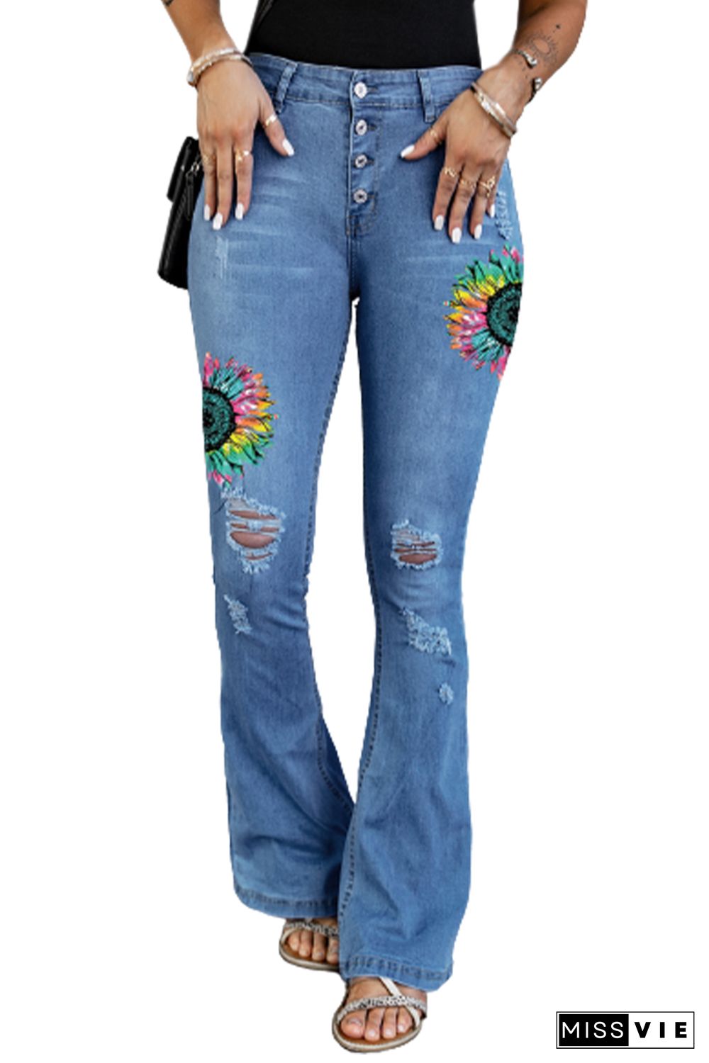 Sky Blue Tie Dye Sunflower Print Buttons Distressed Flare Jeans