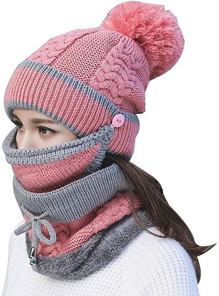 3pcs/set Fashion Women Winter Knitted Hat Thickened Woolen Cap With Warm Mask And Neck Scarf Pink -