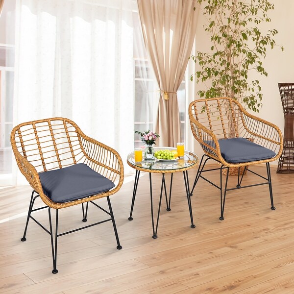 Costway 3PCS Patio Rattan Bistro Furniture Set Cushioned Chair Table