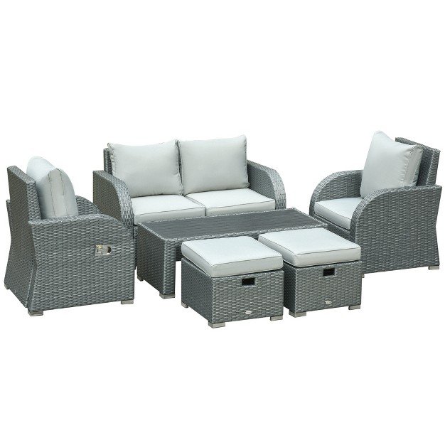 Outsunny 6 pcs Patio Furniture Sets Outdoor Wicker Sofa Set Rattan Recline Single Chair Conversation Set Ottomans Table Cushions