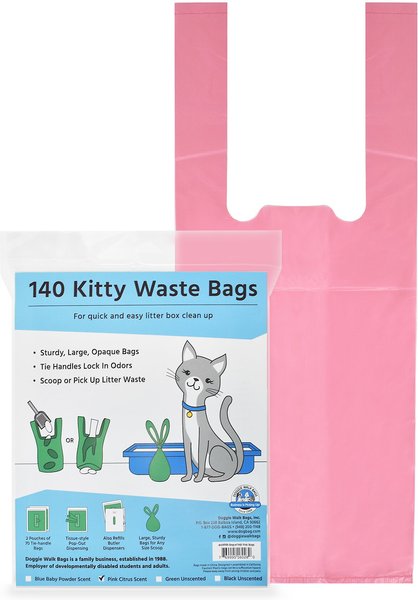 Doggie Walk Bags Citrus Scented Tie Handle Cat Litter Bags， Pink， 140 count