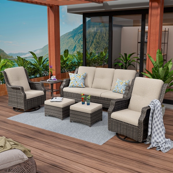 Cozywor 6Piece Outdoor Patio Swivel Rocking Wicker Conversation Lounge Chairs with Side Table and Ottoman