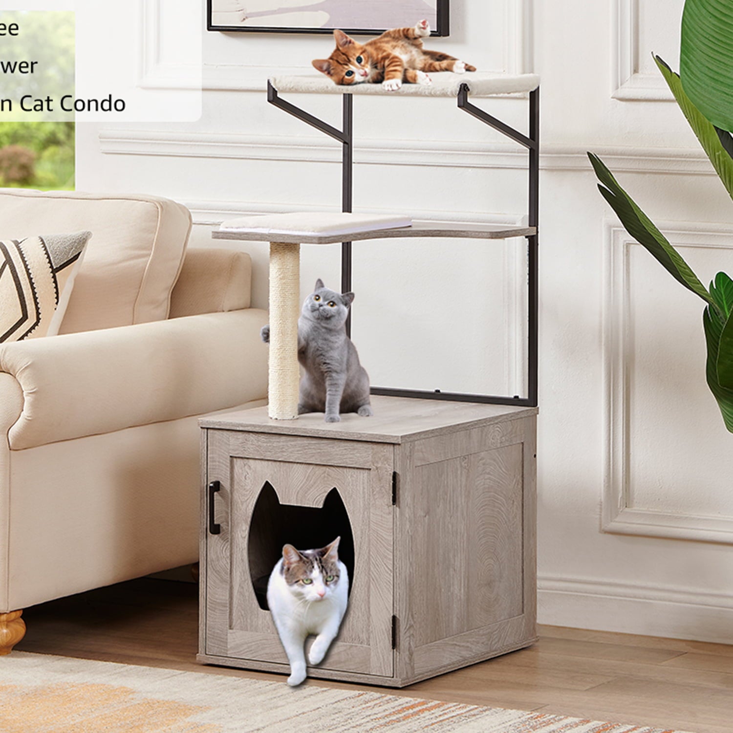 Unipaws Cat Litter Box Furniture with Cat Tree Tower， Wooden Litter Box Enclosure with Soft Perch， Gray