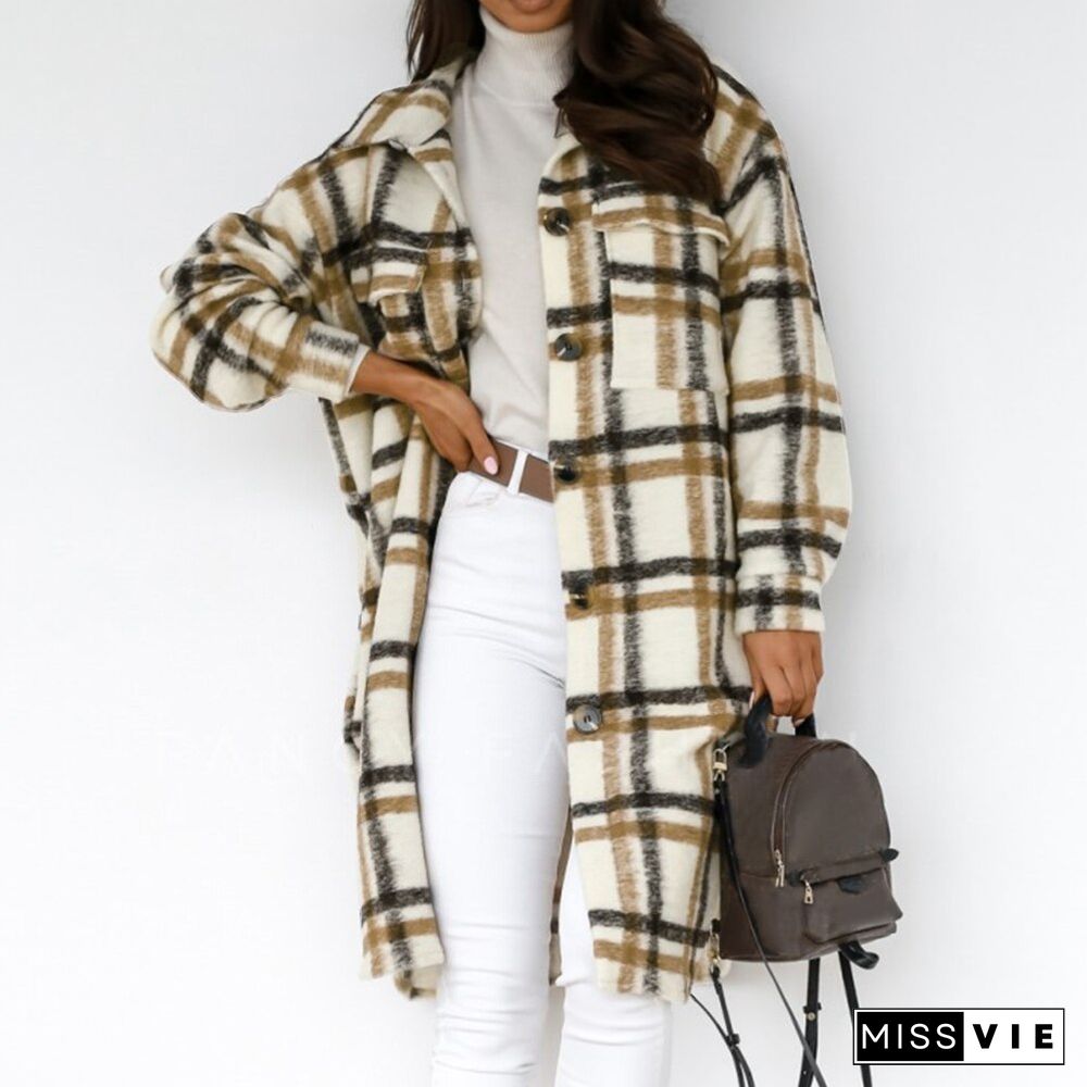 Winter Checked Women Jacket Down Overcoat Warm Plaid Long Coat Oversize Thick Woolen Blends Female Streetwear