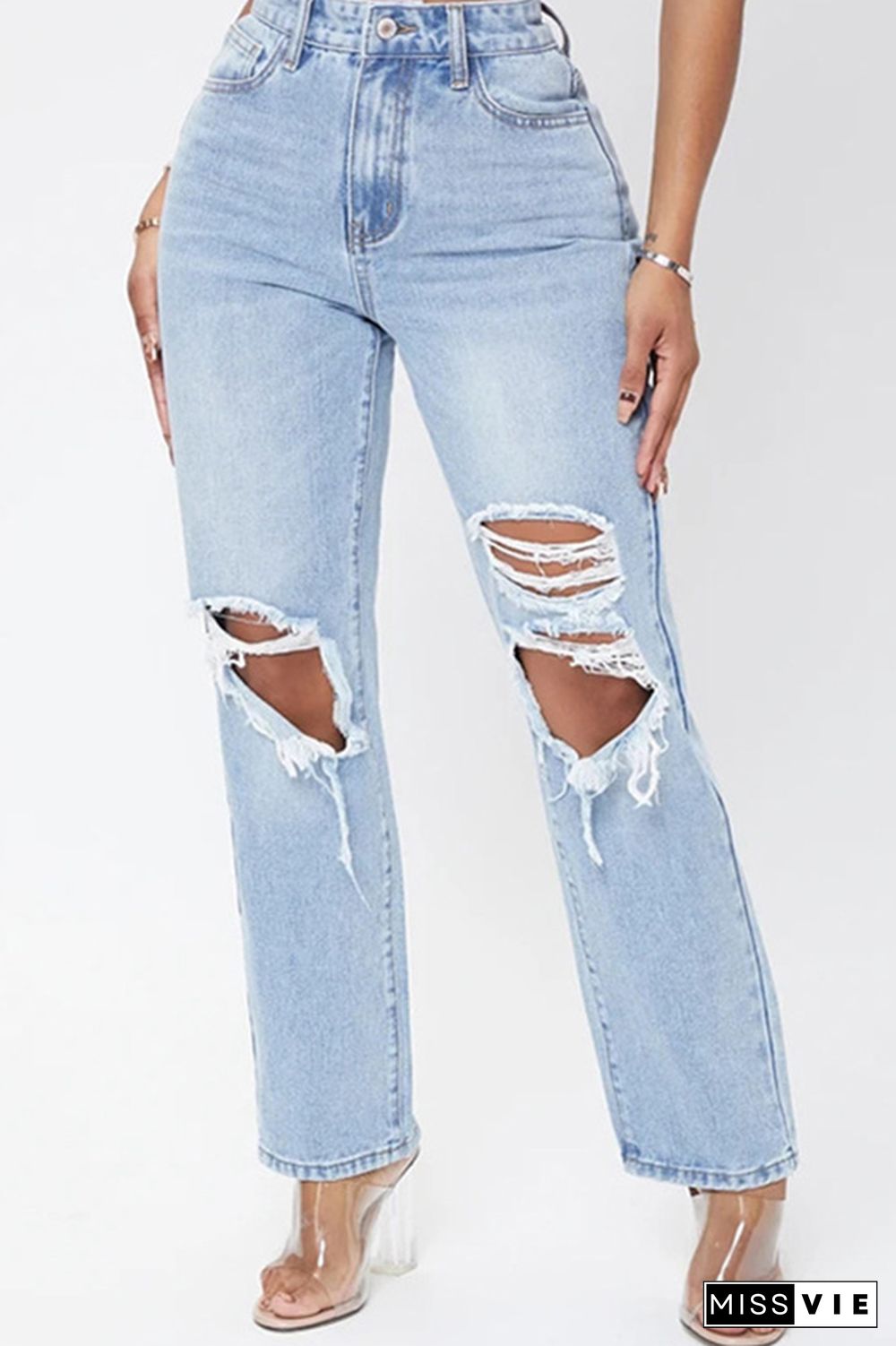 High Waist Washed Ripped Jeans