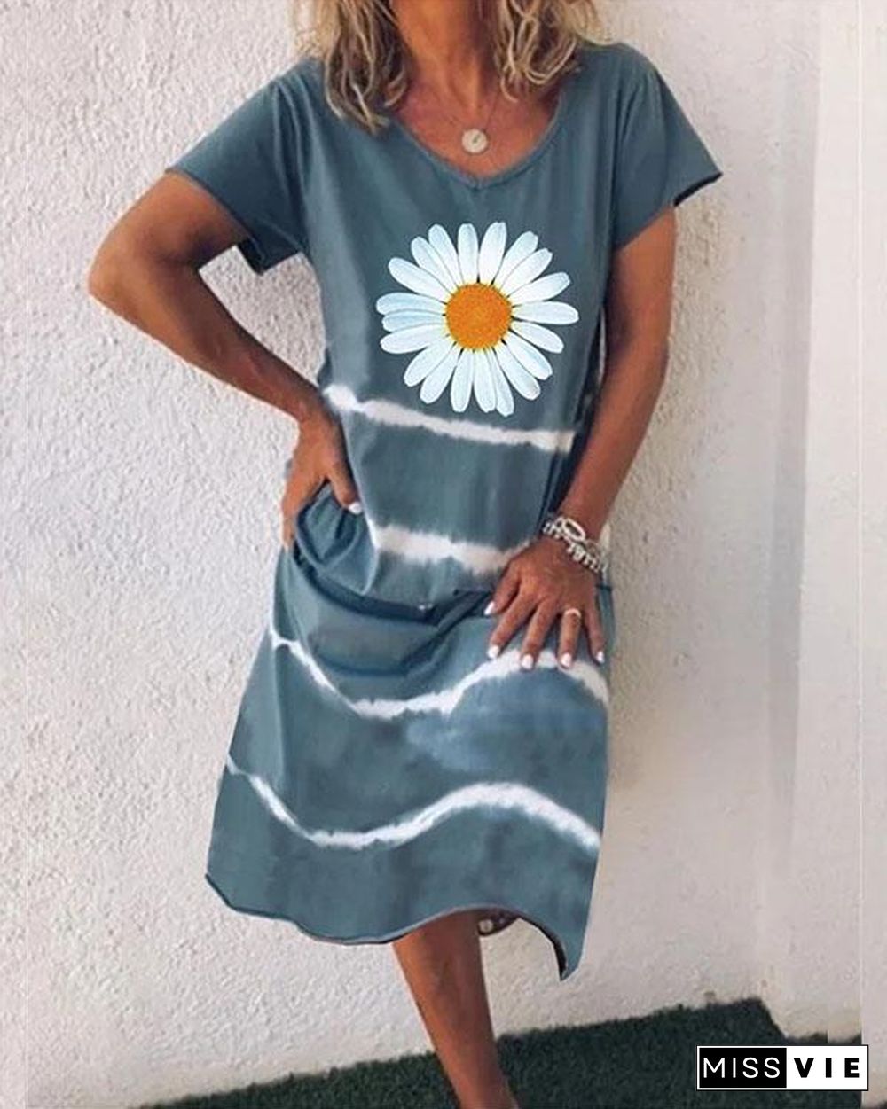 Women Flower Stripe V Neck Short Sleeve Midi Dress