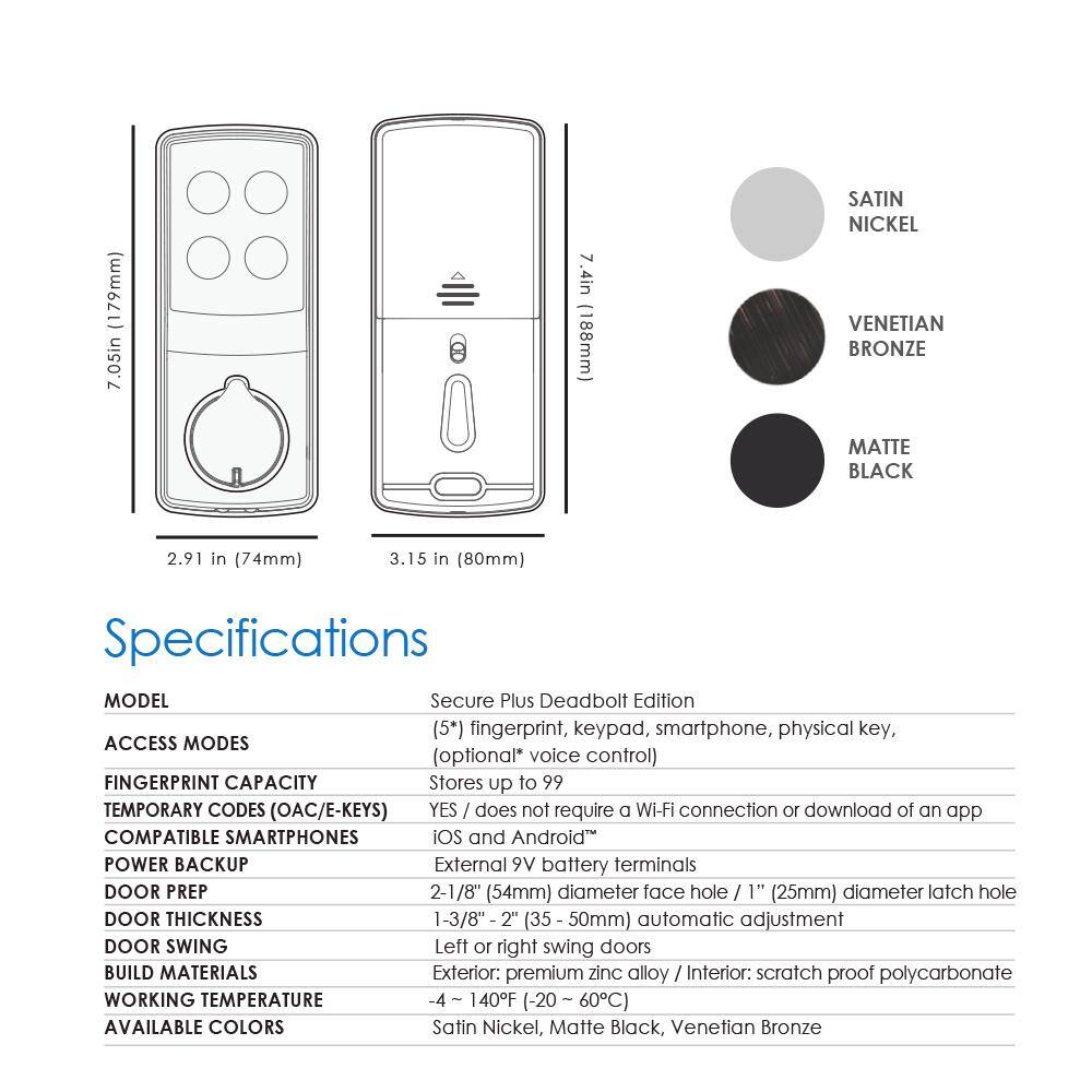 Lockly Secure Plus Matte Black Single-Cylinder Keypad Smart Alarmed Lock Deadbolt with Bluetooth 3D Fingerprint Sensor PGD 728F MB