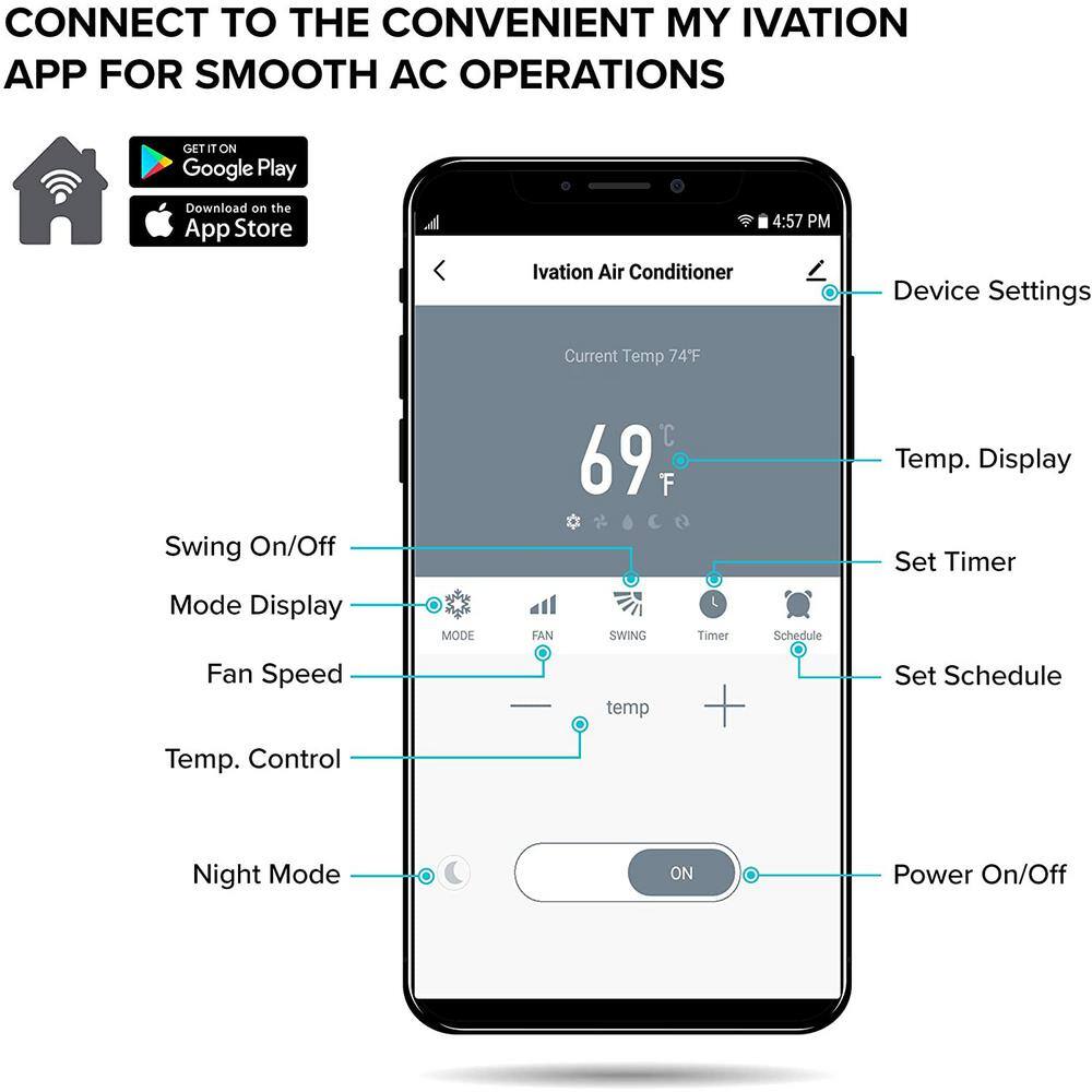 Ivation 12000 BTU Portable Air Conditioner with Wi-Fi for Rooms Up to 450 Sq Ft (8000 BTU SACC) IVAPACWIFI12K