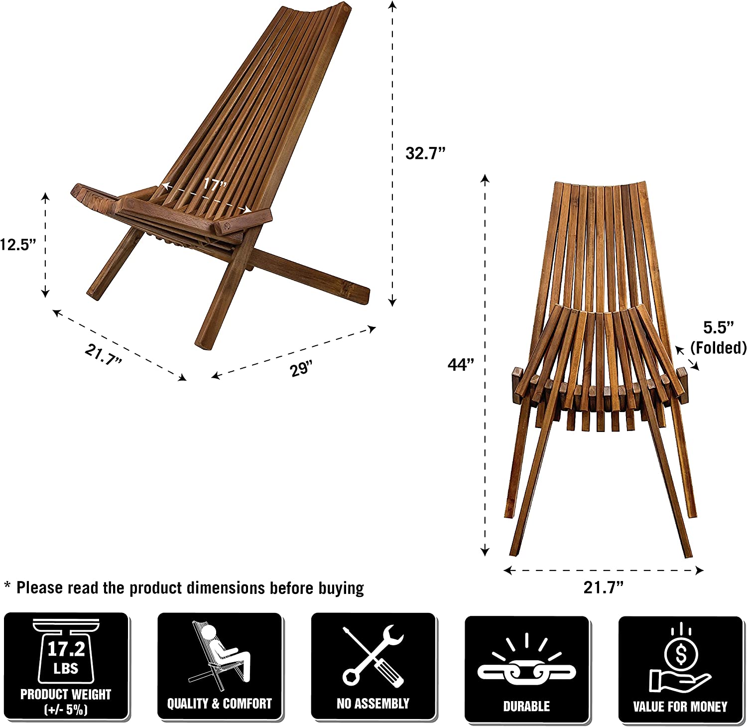 Melino Wooden Folding Chair for Outdoor， Low Profile Acacia Wood Lounge Chair with FSC Certified Acacia Wood