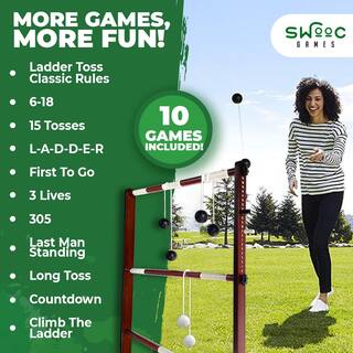 SWOOC Wooden Ladder Ball Game Set (Weather Resistant) 10 Games Included and Carrying Case Easy to Assemble Ladder Toss LADDER-TOSS-OAK