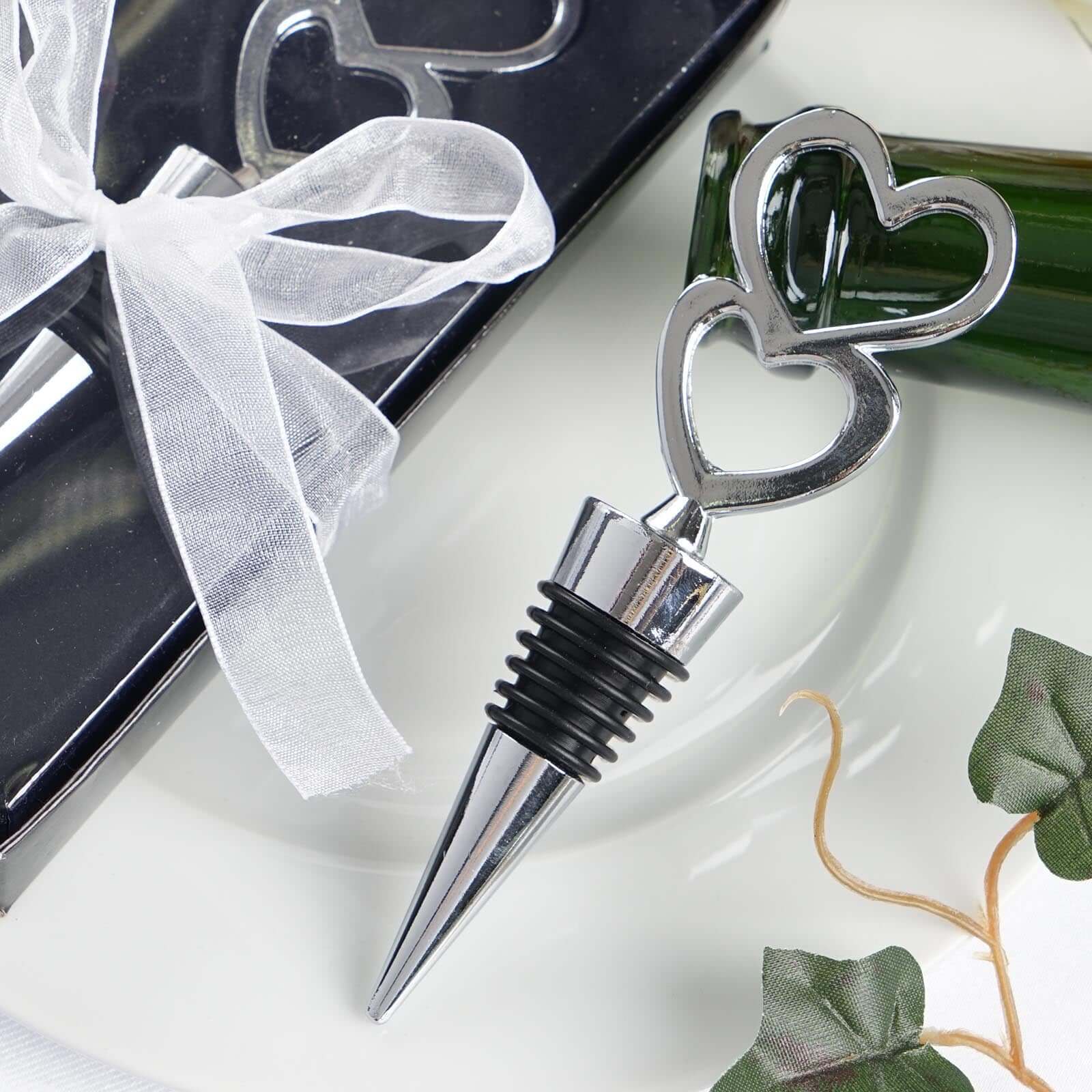 Silver Metal Double Heart Wine Bottle Stopper, Party Favor, Wedding Favor With Velvet Gift Box 5