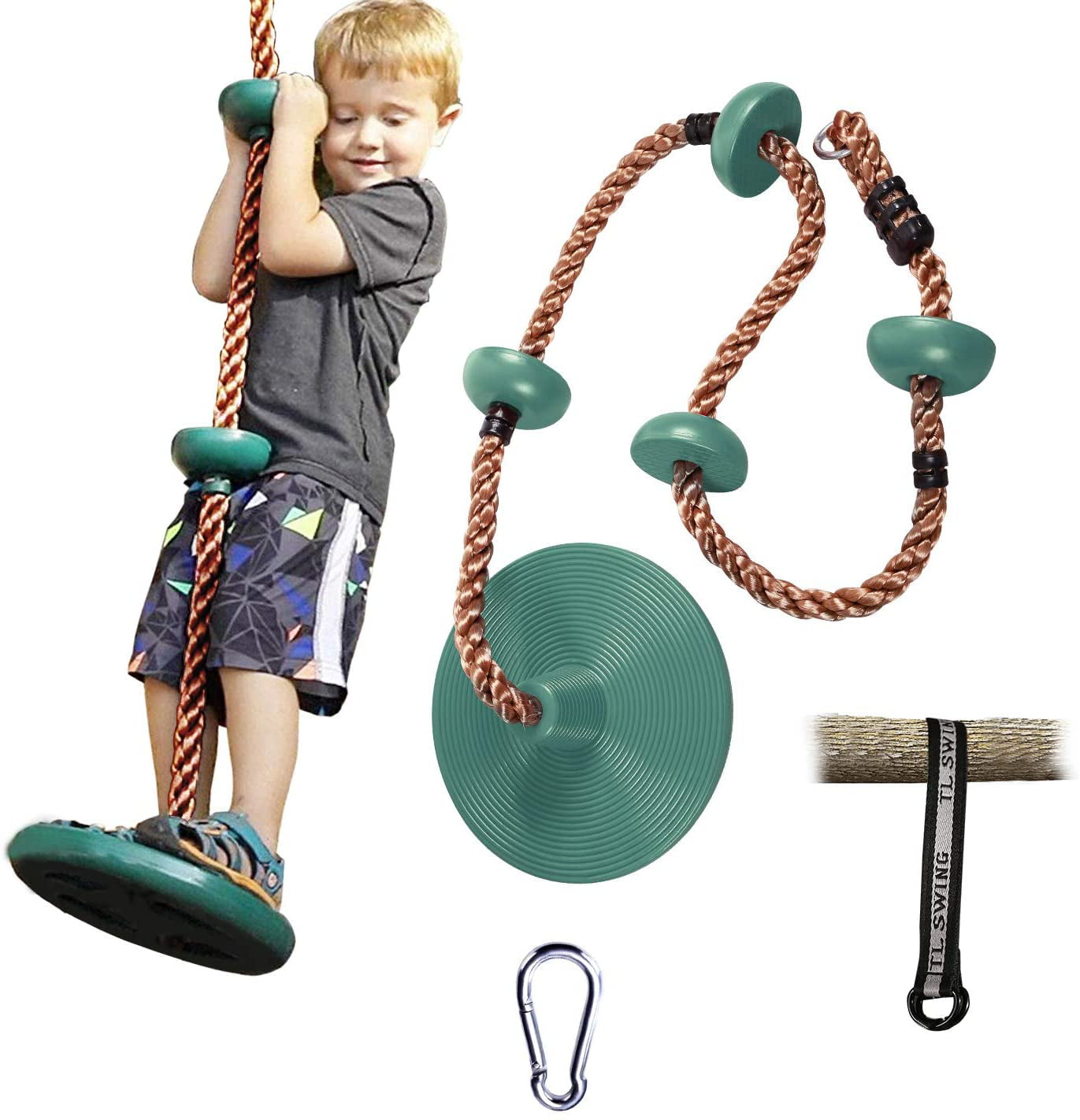 RedSwing Tree Climbing Rope with Platform and Disc Swing Seat， Children Tree Disc Swing Safety for Outside Inside， Bonus Hanging Strap and Carabiner