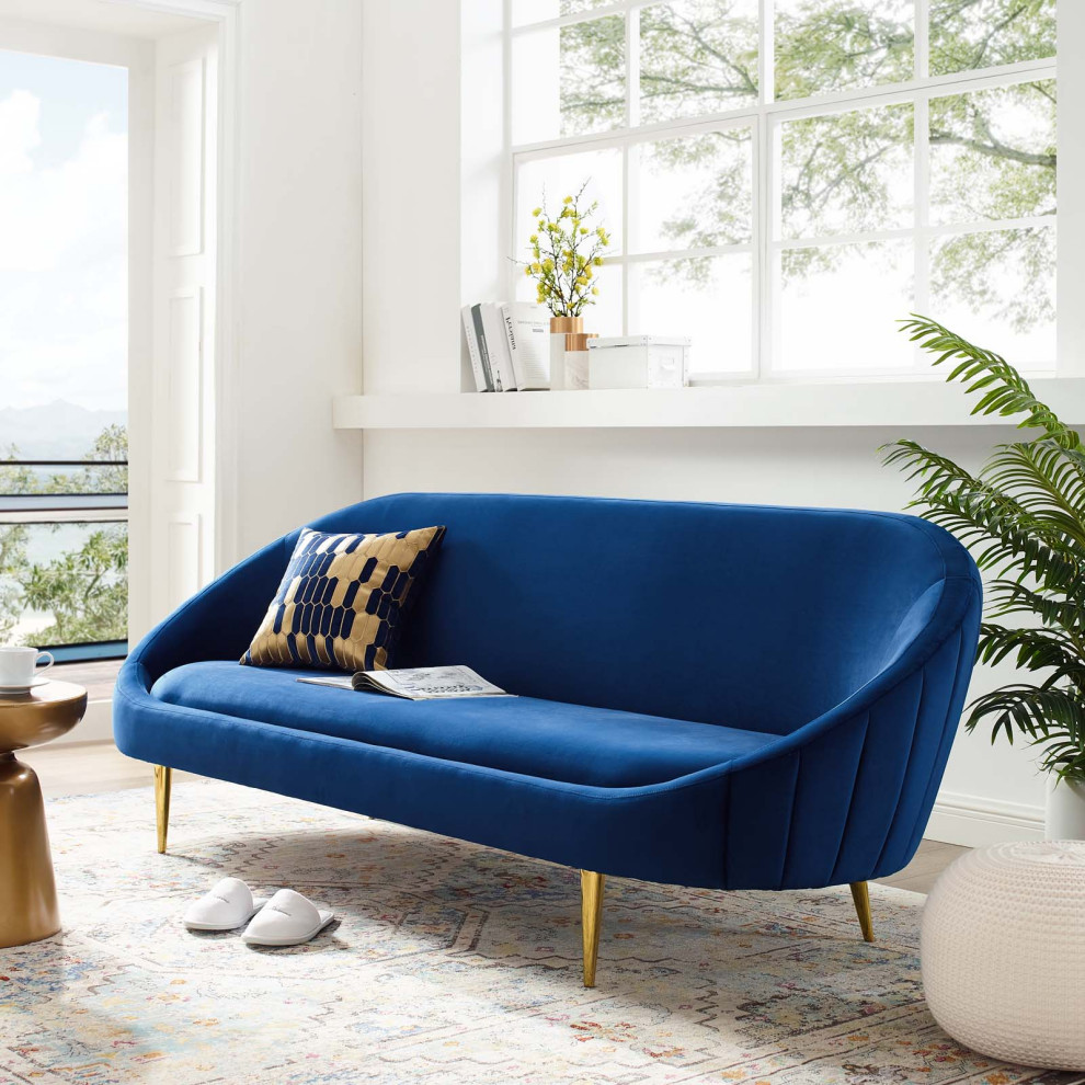 Modern Designer Living Room Lounge Club Lobby Sofa  Velvet Fabric  Navy Blue   Midcentury   Sofas   by House Bound  Houzz