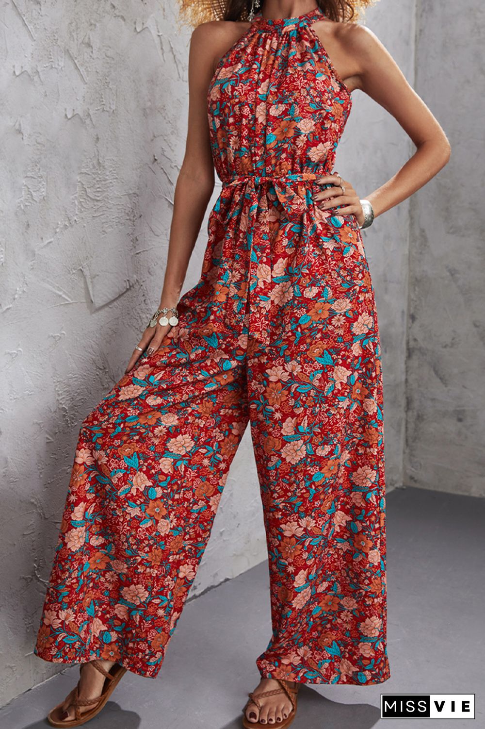 Boho Floral Print Halter Sleeveless Jumpsuit Wholesale