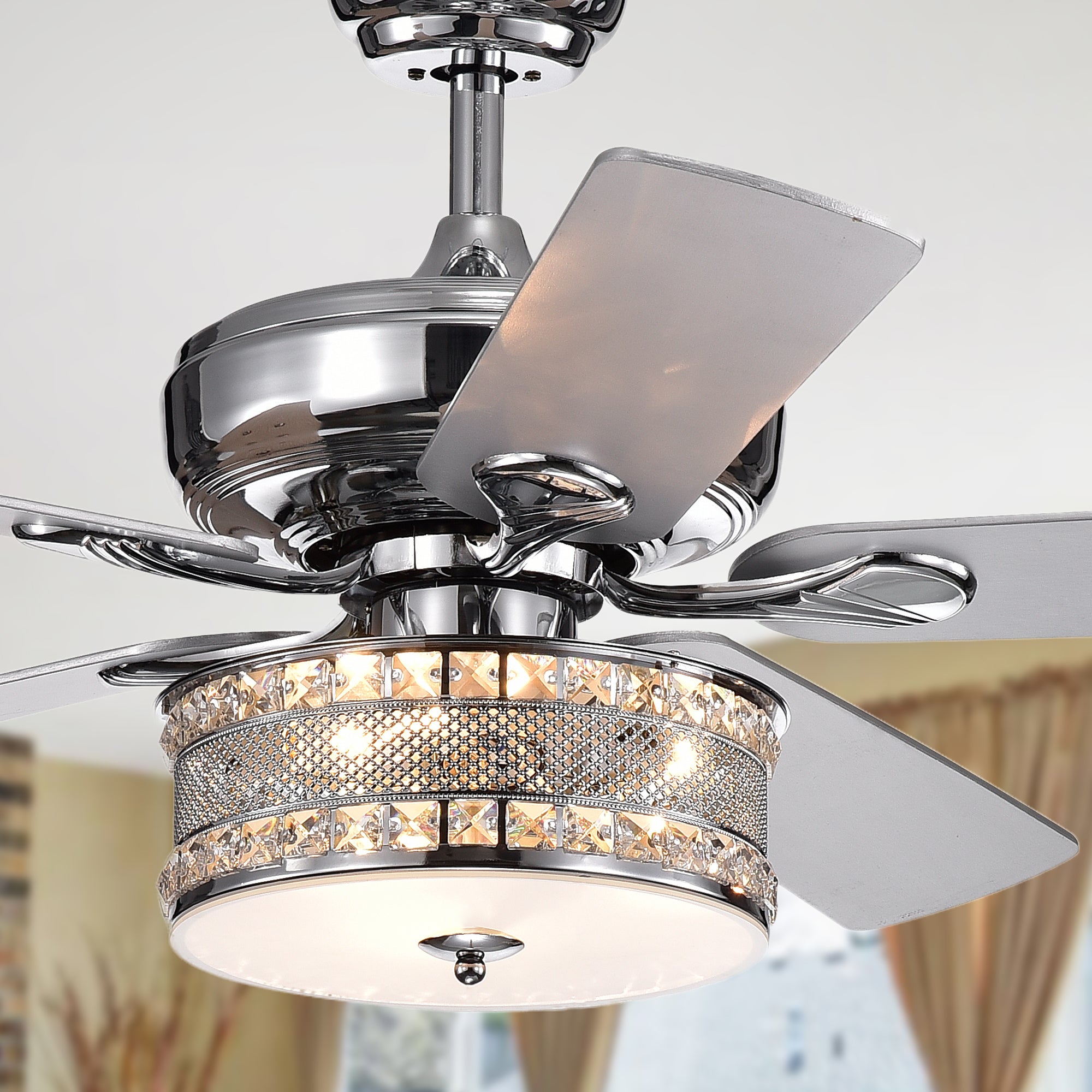 Davrin 5-Blade 52-Inch Chrome Ceiling Fan with 3-Light Crystal Drum Lamp with Remote