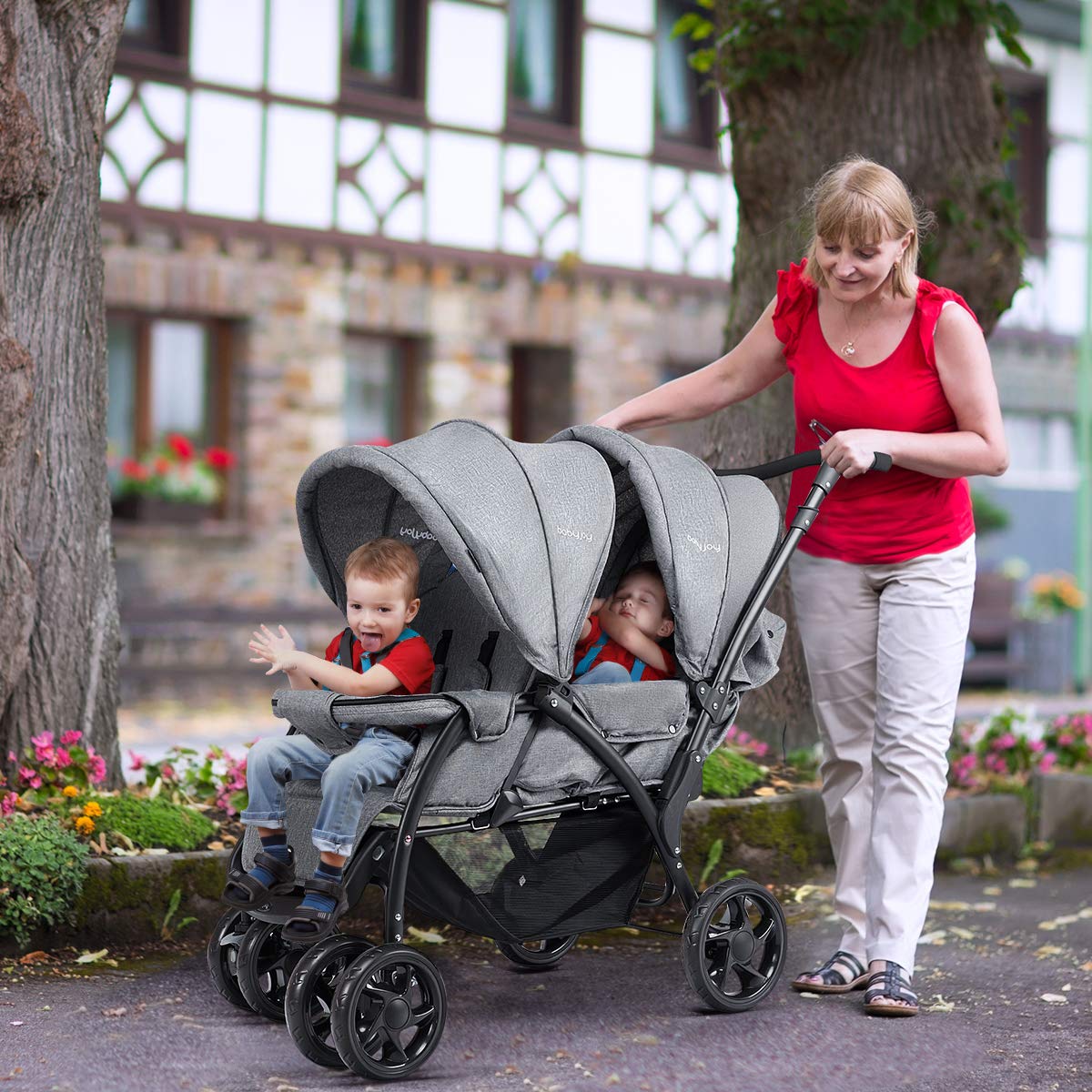 Foldable Double Seat Tandem Stroller  (Gray)