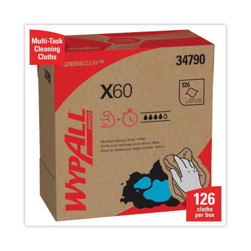 WypAll General Clean X60 Cloths， POP-UP Box， 9.1 x 16.8， White， 126/Box， 10 Boxes/Carton (34790CT)